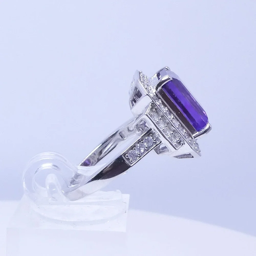 D'Joy Platinum Over 925 Silver Purple Amethyst Zircon Deco Halo Ring 7